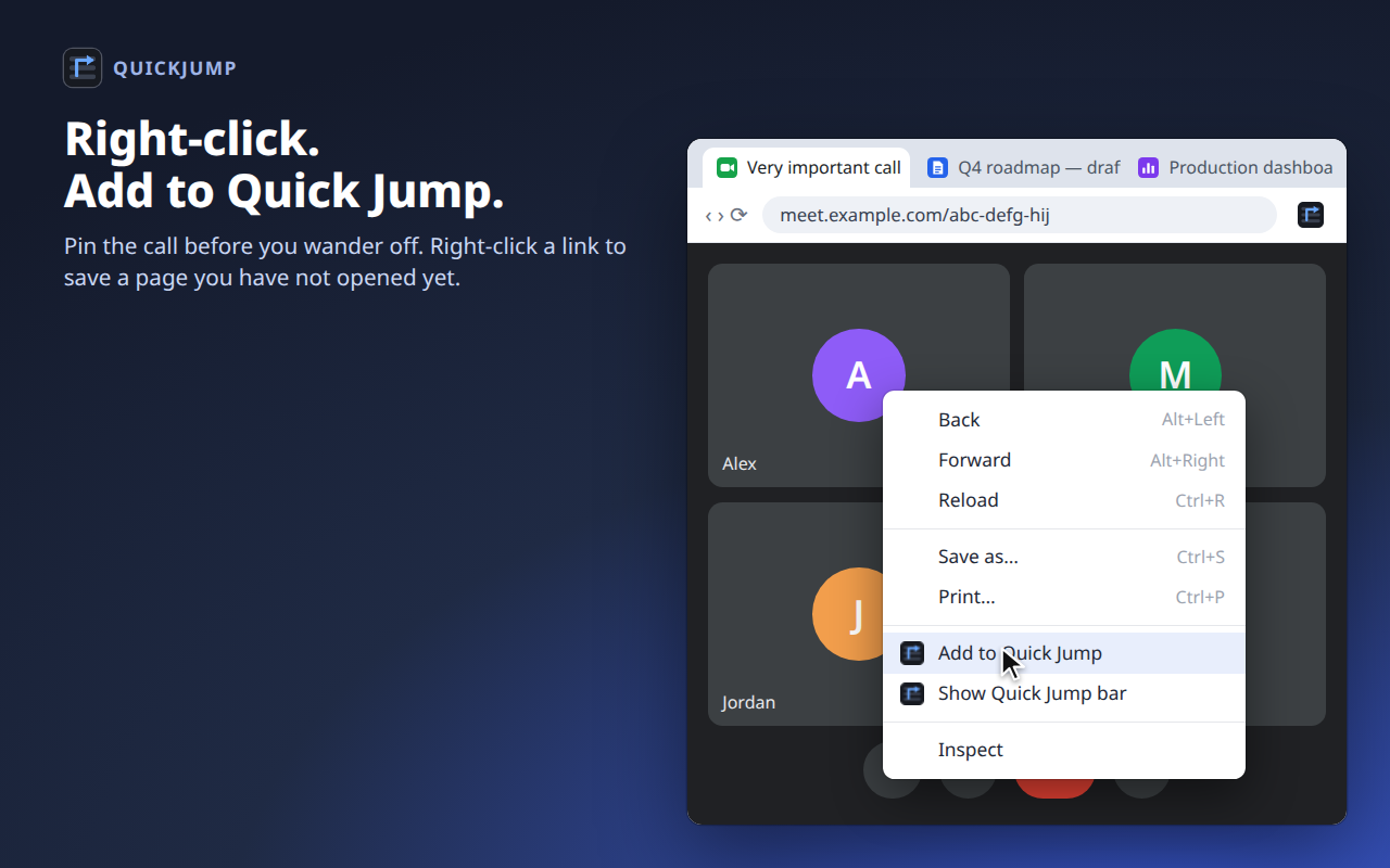 The right-click menu on a video call page with Add to Quick Jump highlighted