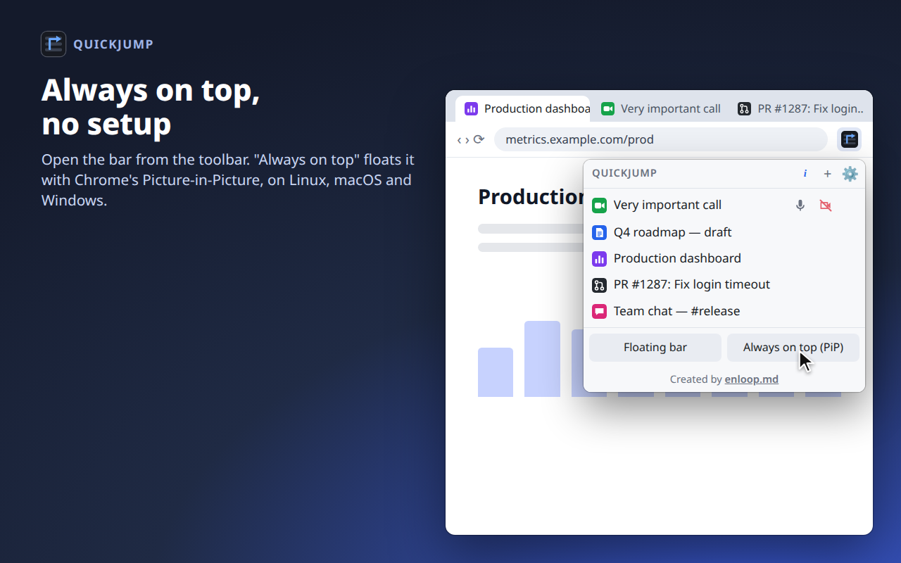 The QuickJump toolbar popup with the list and the Floating bar and Always on top buttons
